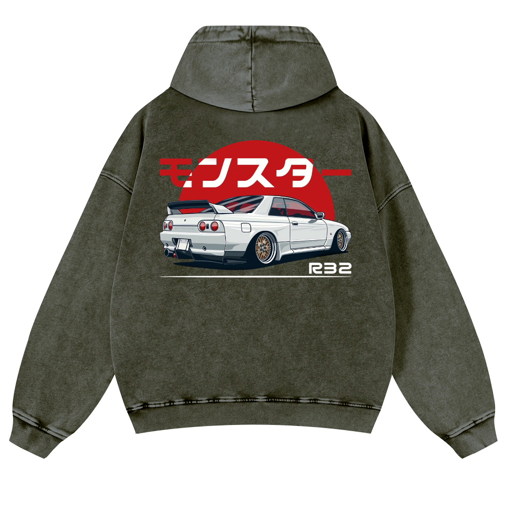 Nisaan Car R32 Vintage Washed Cotton Back Art Hoodie