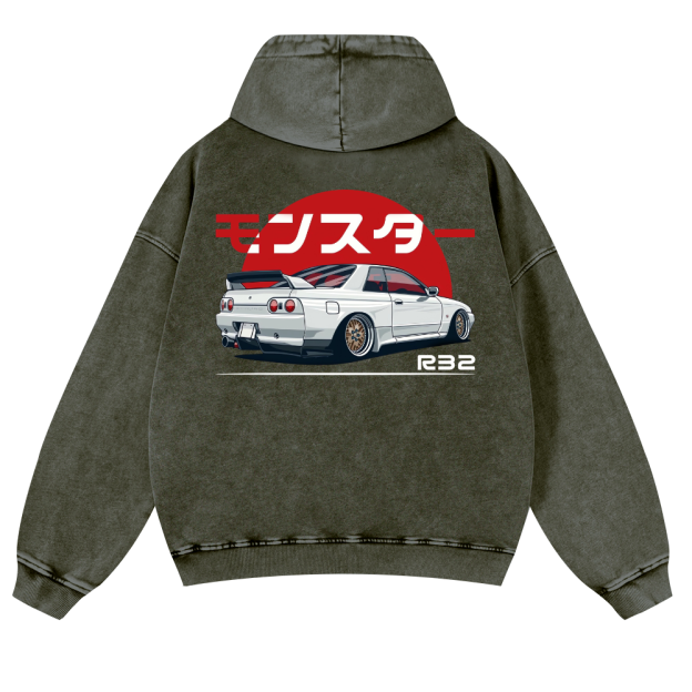 Nisaan Car R32 Vintage Washed Cotton Back Art Hoodie