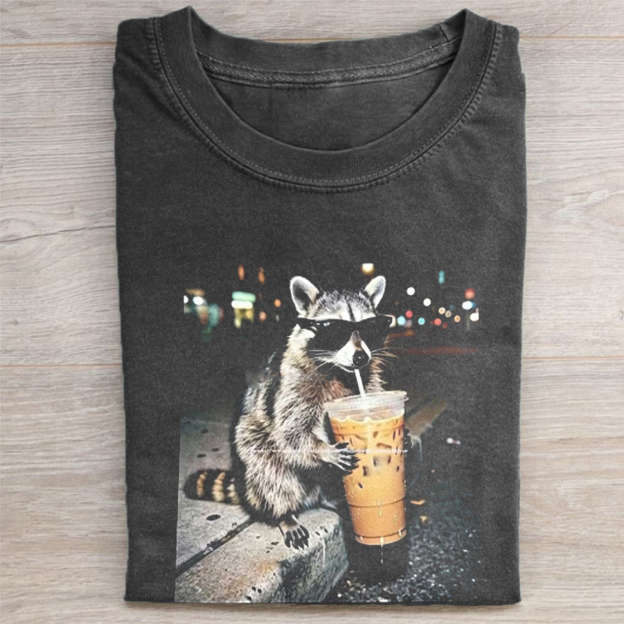 Unisex Funny Raccoon Drinking Iced Coffee Printed Washed Tee