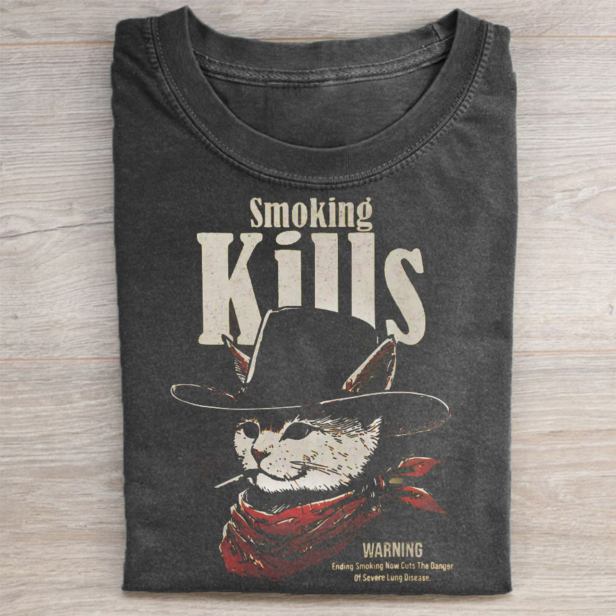 Unisex Smoking Kills Cat Printed Washed Tee