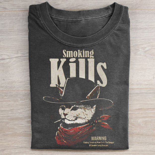 Unisex Smoking Kills Cat Printed Washed Tee