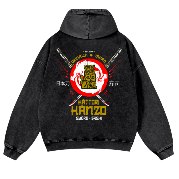 Okinawa Japan Hattori Hanzo Sushi Vintage Washed Cotton Back Art Hoodie