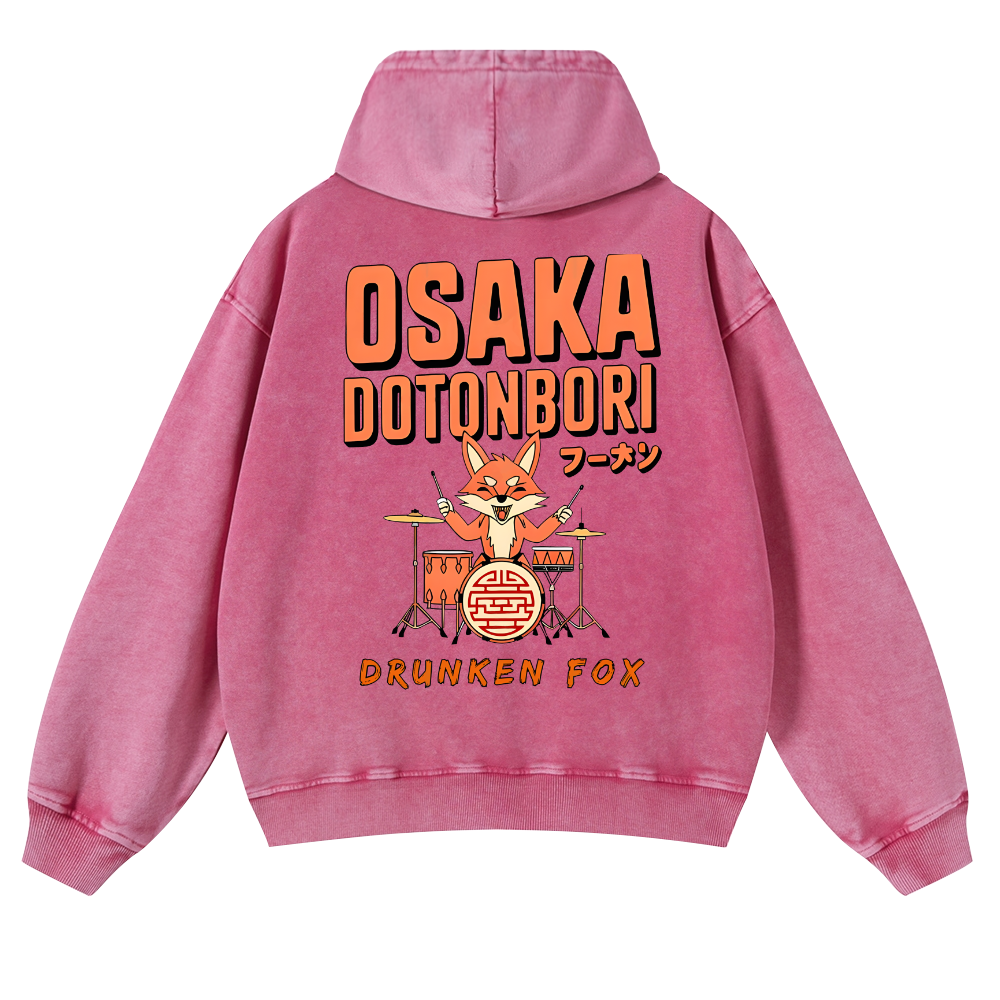 Osaka Dotonbori Drunken Fox Vintage Washed Cotton Back Art Hoodie