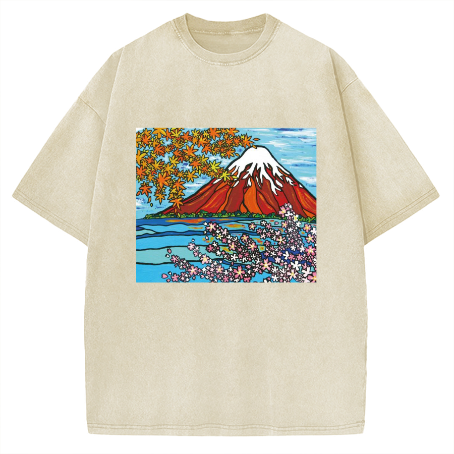 Mt Fuji Janapese Style Painting Vintage Washed T-shirt