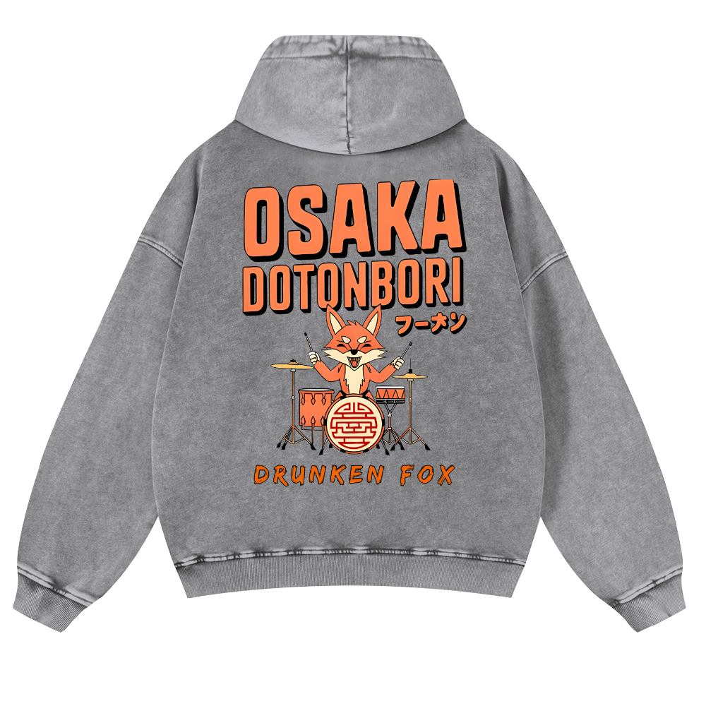 Osaka Dotonbori Drunken Fox Vintage Washed Cotton Back Art Hoodie