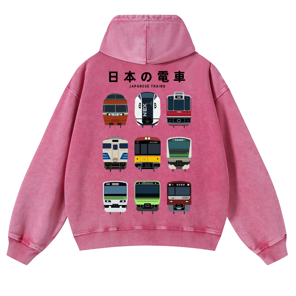 Japanese Trains Vintage Washed Cotton Back Art Hoodie