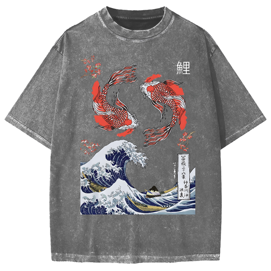 Yin Yang The Great Wave Off Koi Fish Japanese Art Vintage Washed T-shirt