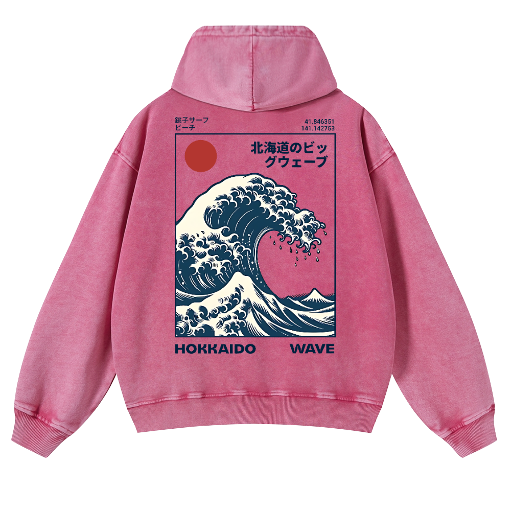 Hokkaido Wave Ukiyoe Vintage Washed Cotton Back Art Hoodie