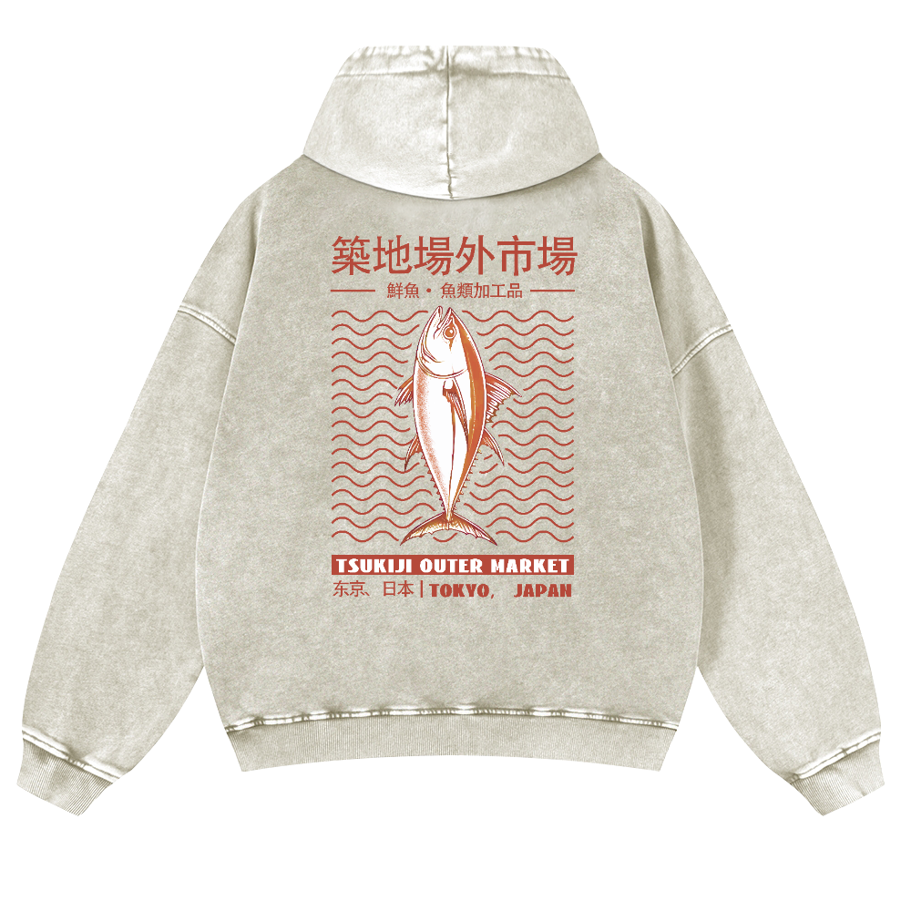 Tsukiji Outer Market Fish Vintage Washed Cotton Back Art Hoodie
