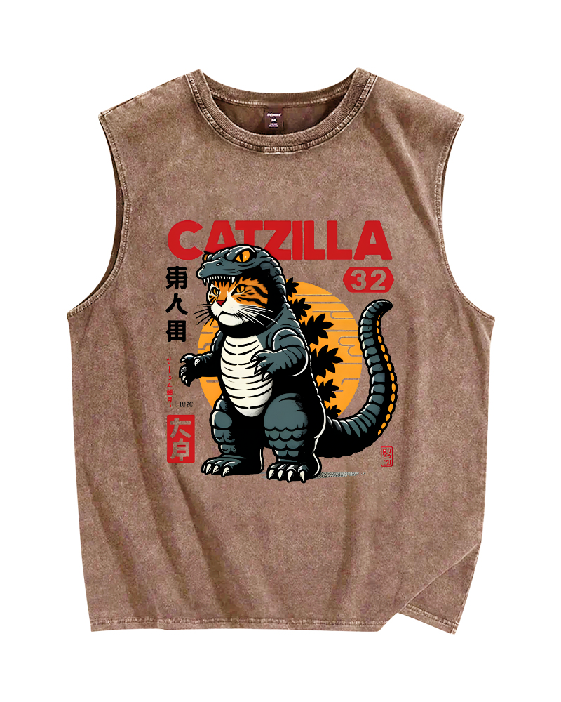Japanese Mischievous Cat Vintage Distressed Washed Tank Top