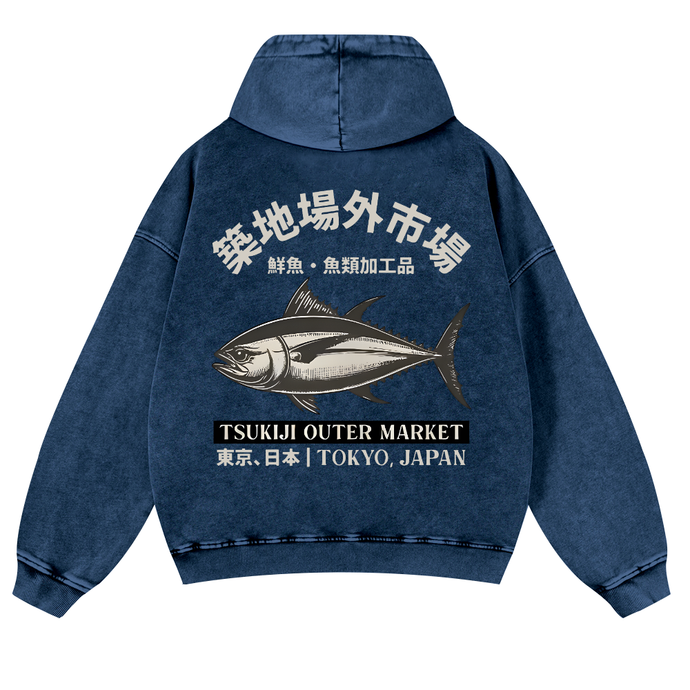 Tsukiji Market Tuna Fish Vintage Washed Cotton Back Art Hoodie