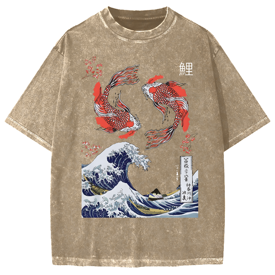 Yin Yang The Great Wave Off Koi Fish Japanese Art Vintage Washed T-shirt