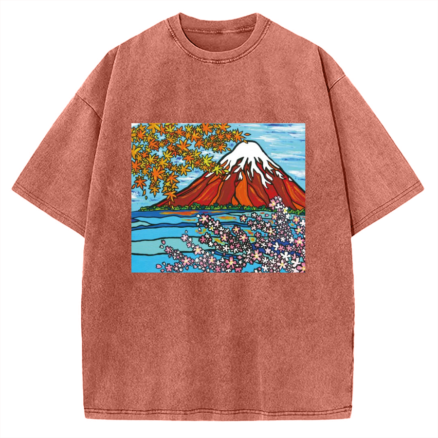 Mt Fuji Janapese Style Painting Vintage Washed T-shirt