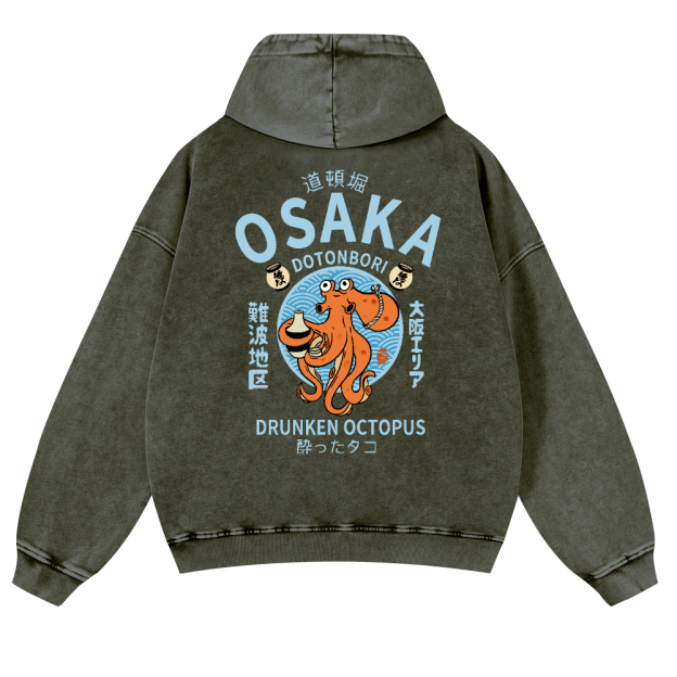 Osaka Drunken Octopus Vintage Washed Cotton Back Art Hoodie
