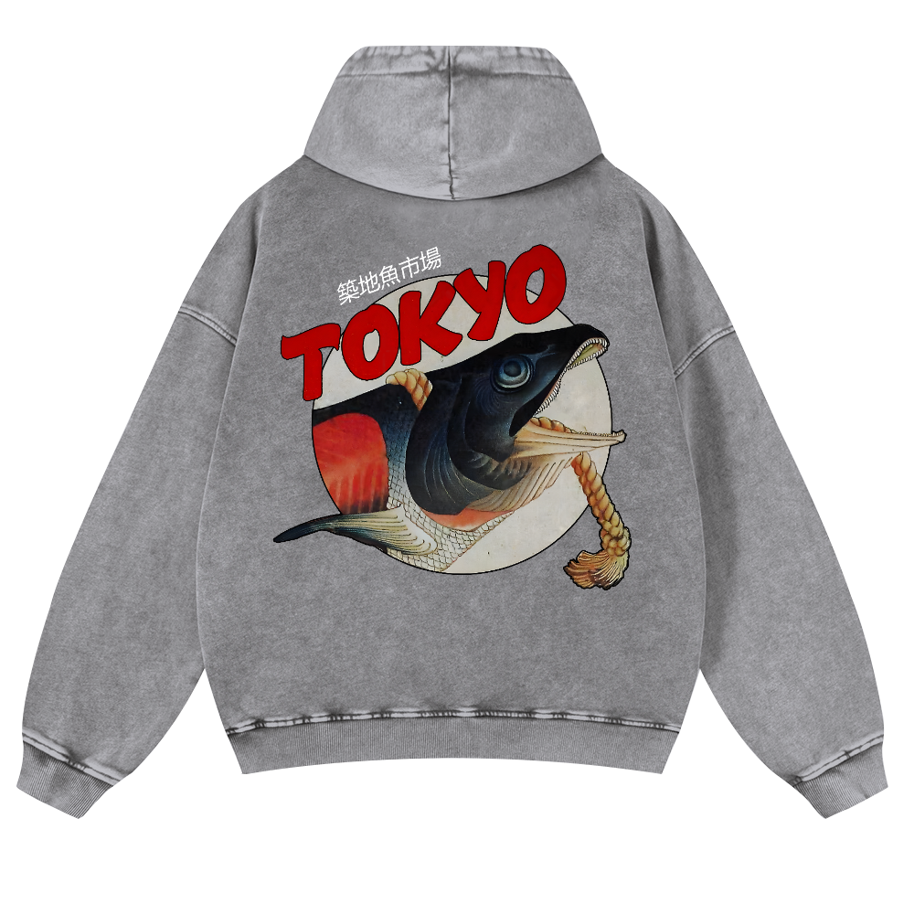 Tsukiji Market Vintage Washed Cotton Back Art Hoodie