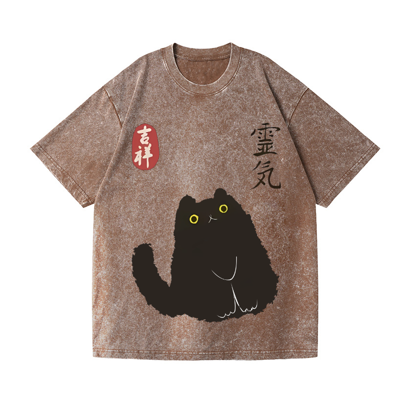 Lucky Cat Black Cat Vintage Wash Japanese Design T-Shirt