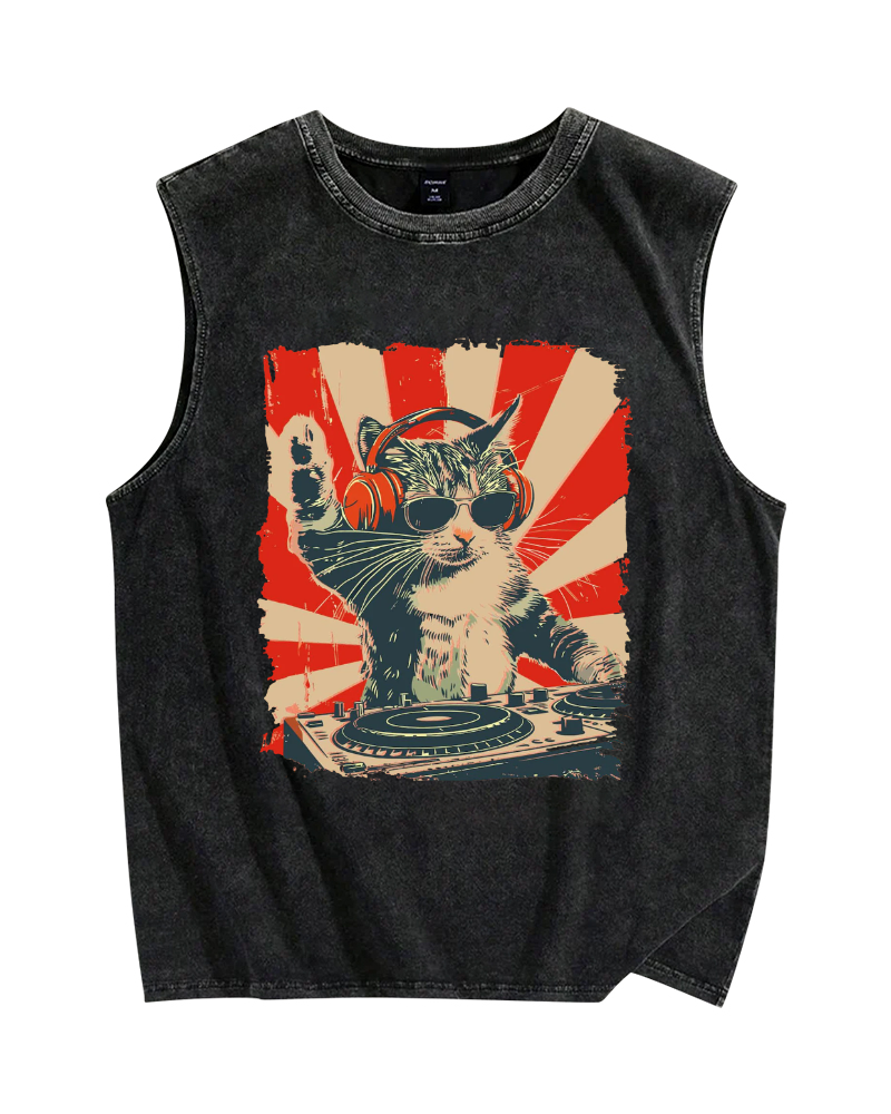 Cool Cat DJ Poster Showa Retro Vintage Distressed Washed Tank Top