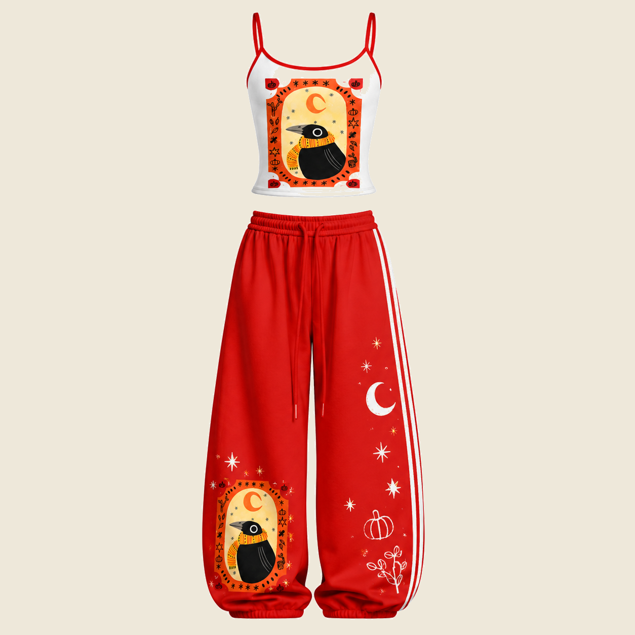 Red White Astrology Black Bird Moon Pumpkin Top & Elasticated Trousers Two-Piece Set