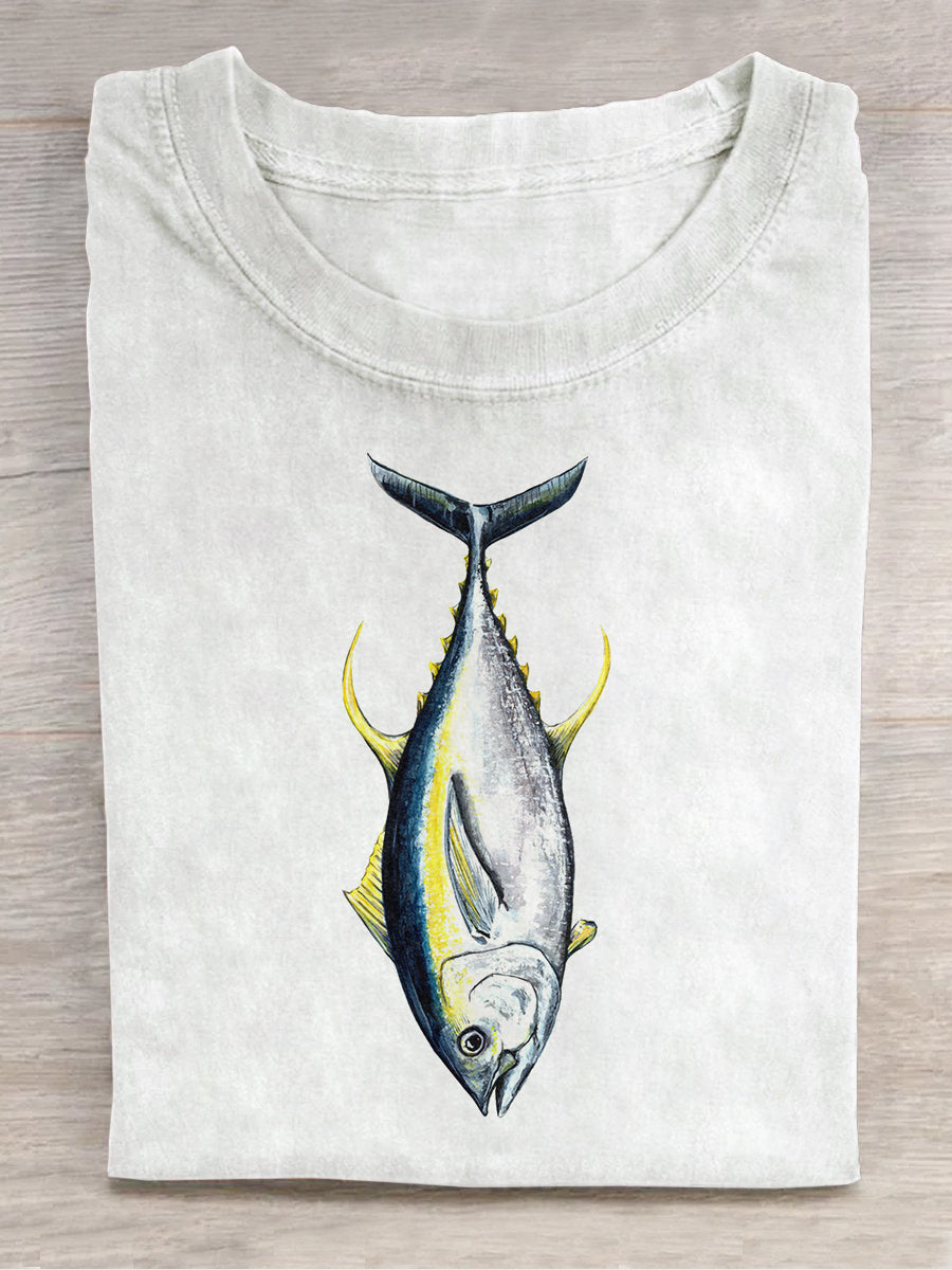 Unisex Ocean Fishing Art Print Casual Round Neck Short Sleeve T-Shirt