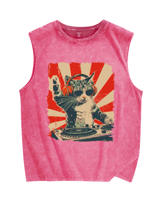 Cool Cat DJ Poster Showa Retro Vintage Distressed Washed Tank Top