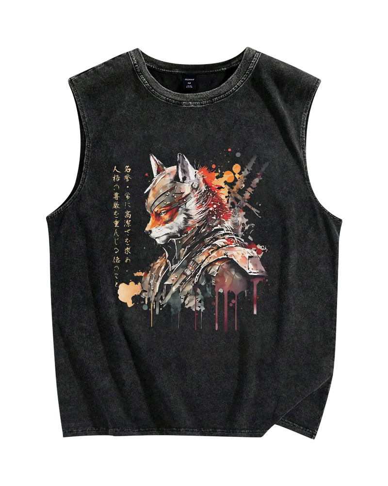 Samurai Fox Vintage Distressed Washed Tank Top