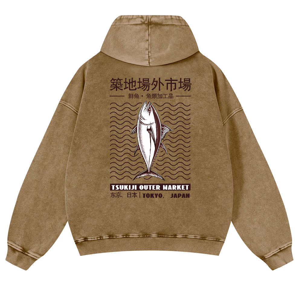 Tsukiji Outer Market Fish Vintage Washed Cotton Back Art Hoodie