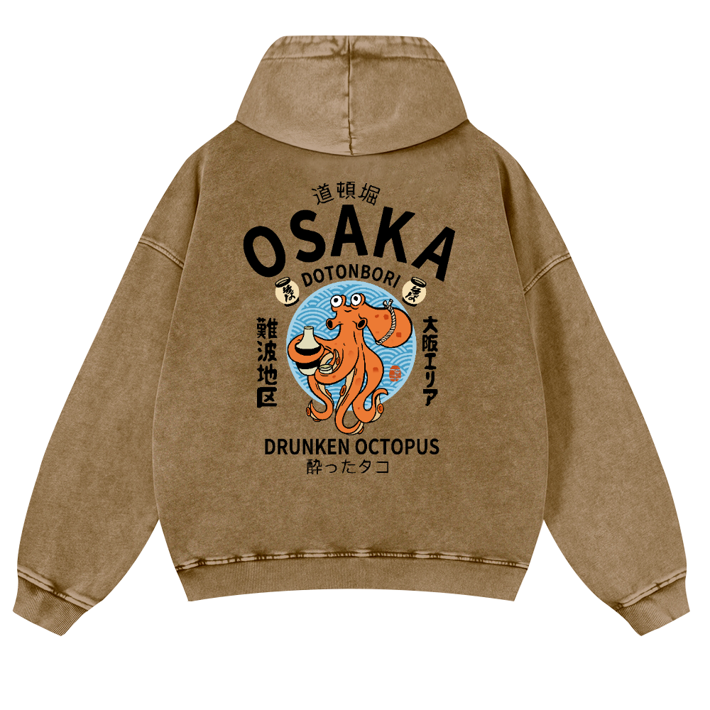 Osaka Drunken Octopus Vintage Washed Cotton Back Art Hoodie