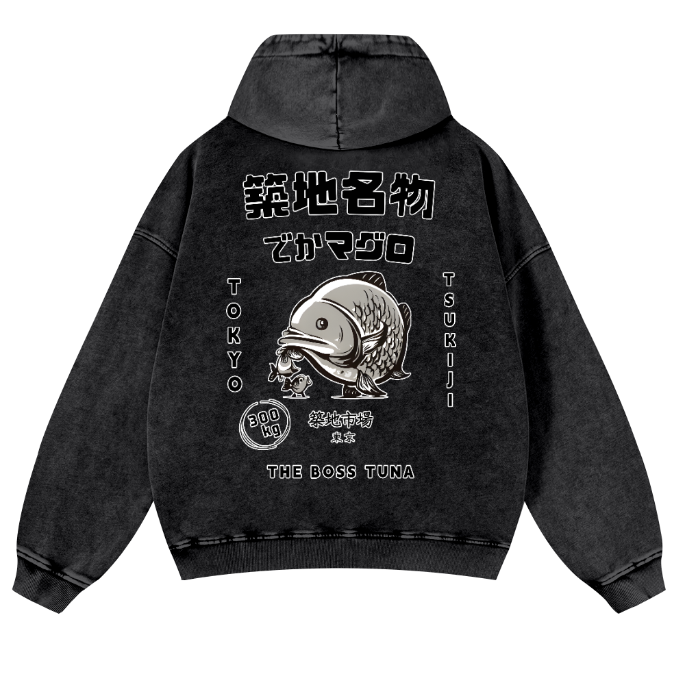 Tsukiji Market Tuna Fish Tokyo Vintage Washed Cotton Back Art Hoodie