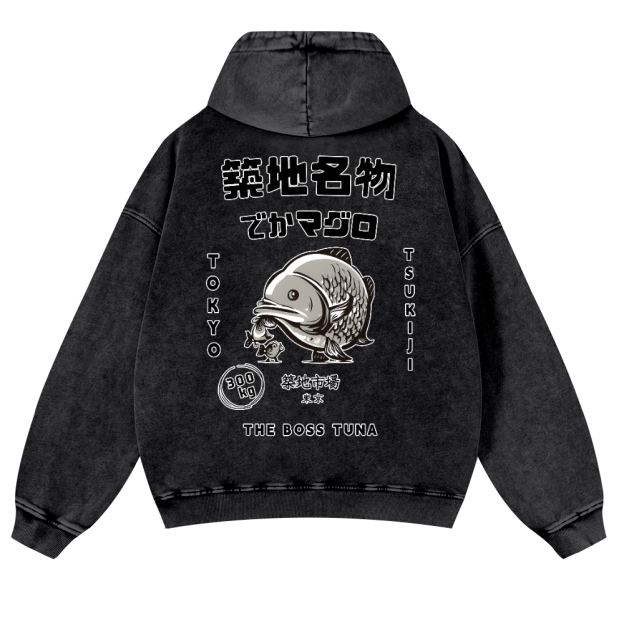 Tsukiji Market Tuna Fish Tokyo Vintage Washed Cotton Back Art Hoodie