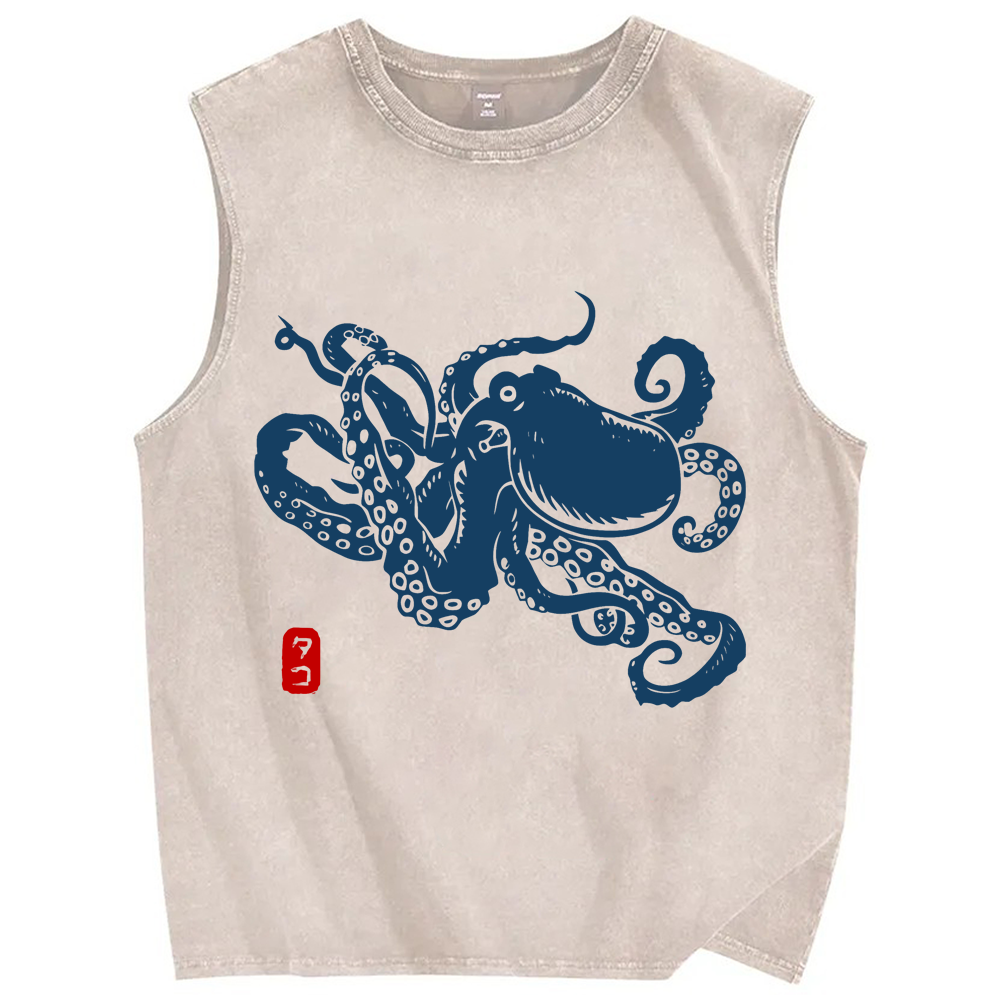 Unisex Octopus Japanese Style Printed Washed Tank Top