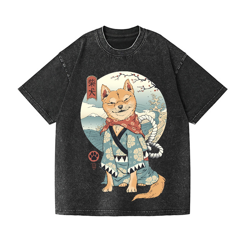Shiba Inu Dog Ukiyoe Vintage Wash Japanese Design T-Shirt