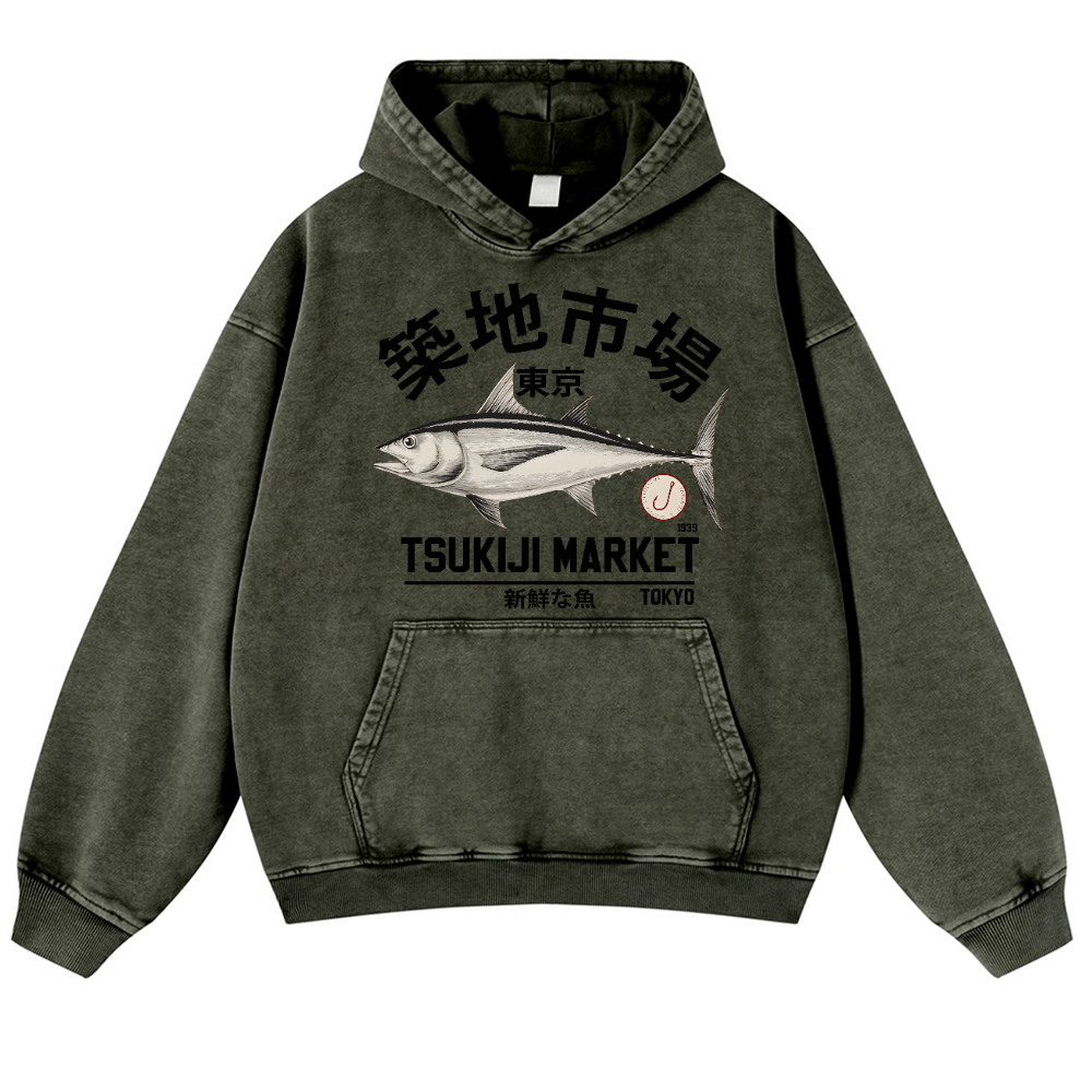 Tsukiji Tuna Fish Market Vintage Washed Thick Cotton Hoodie