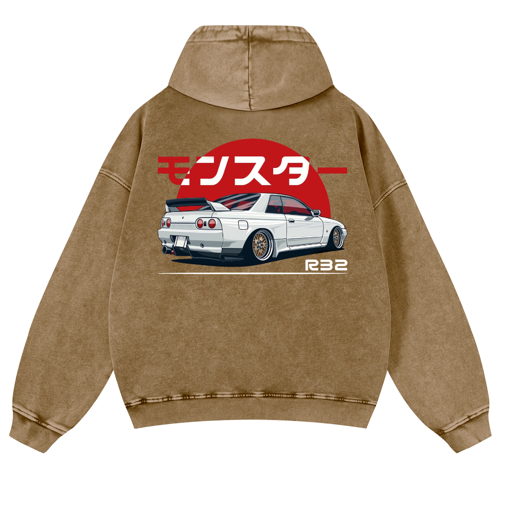 Nisaan Car R32 Vintage Washed Cotton Back Art Hoodie