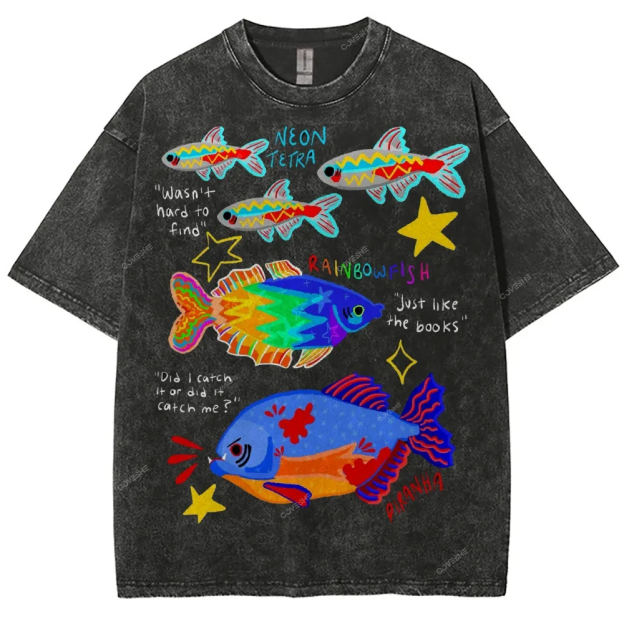 Unisex Colorful Cartoon Fish Washed Tee