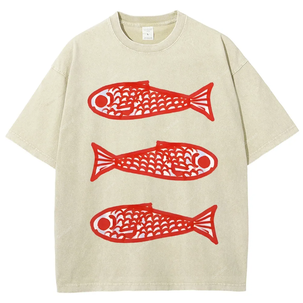 Unisex Vintage Fish Printed Washed Tee