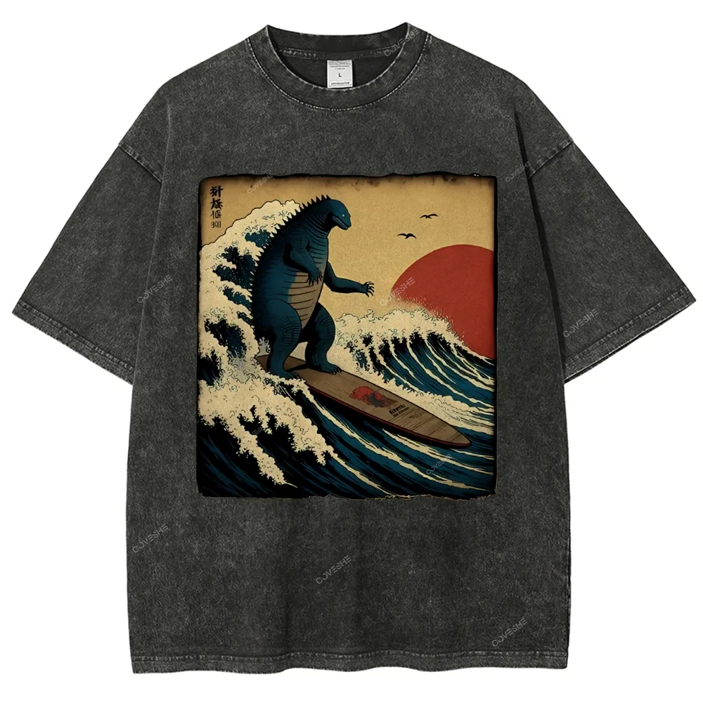 Unisex Vintage Japanese illustration Printed Washed Tee