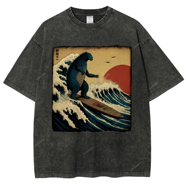 Unisex Vintage Japanese illustration Printed Washed Tee
