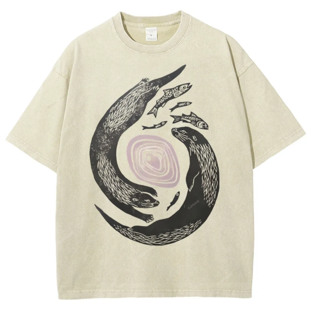 Unisex Vintage Fish Printed Washed Tee