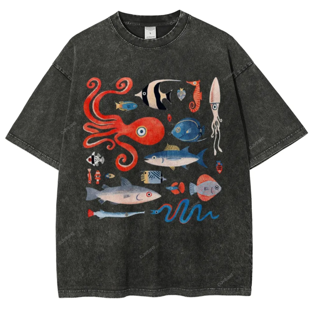 Unisex Octopus And Fish Printed Washed Tee
