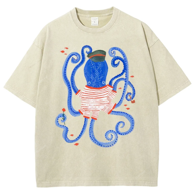 Unisex Octopus And Fish Printed Washed Tee