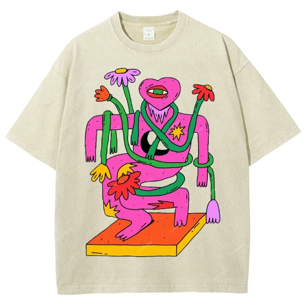 Unisex Abstract Art Flower Portrait Printed Washed Tee