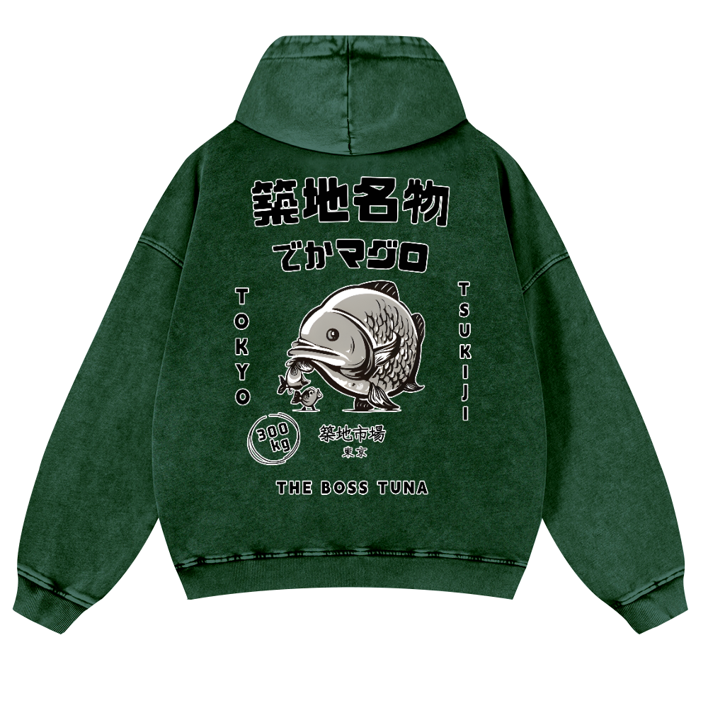 Tsukiji Market Tuna Fish Tokyo Vintage Washed Cotton Back Art Hoodie