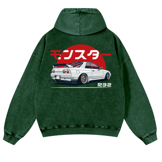 Nisaan Car R32 Vintage Washed Cotton Back Art Hoodie