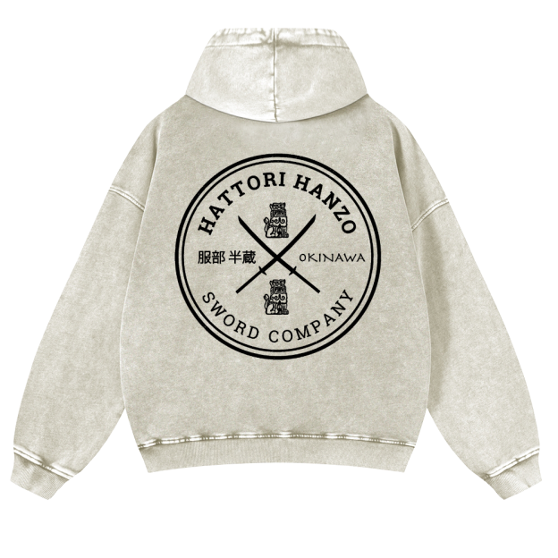 Hattori Hanzo Komainu Okinawa Sword Company Vintage Washed Cotton Back Art Hoodie