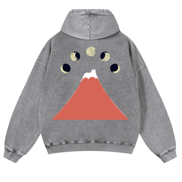 Mount Fuji Cat Moon Vintage Washed Cotton Back Art Hoodie