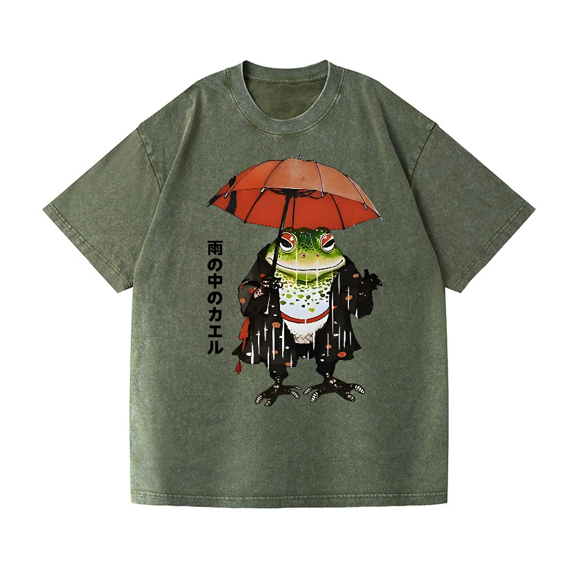Frog In The Rain Vintage Wash Japanese Design T-Shirt