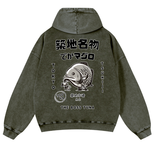 Tsukiji Market Tuna Fish Tokyo Vintage Washed Cotton Back Art Hoodie