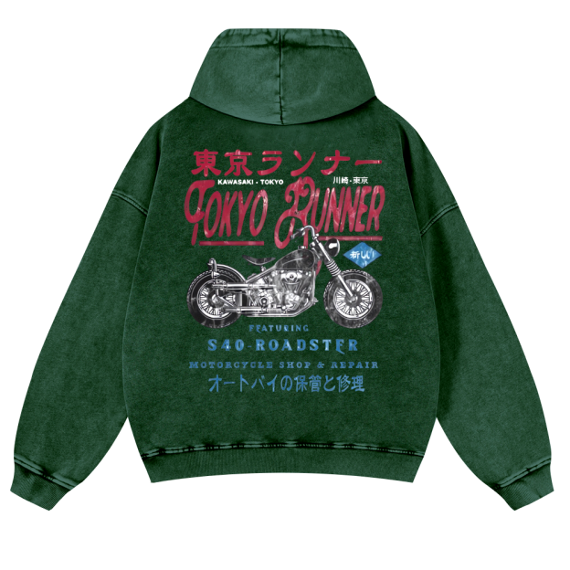 Kawasaki Motorcycle Bike Vintage Washed Cotton Back Art Hoodie