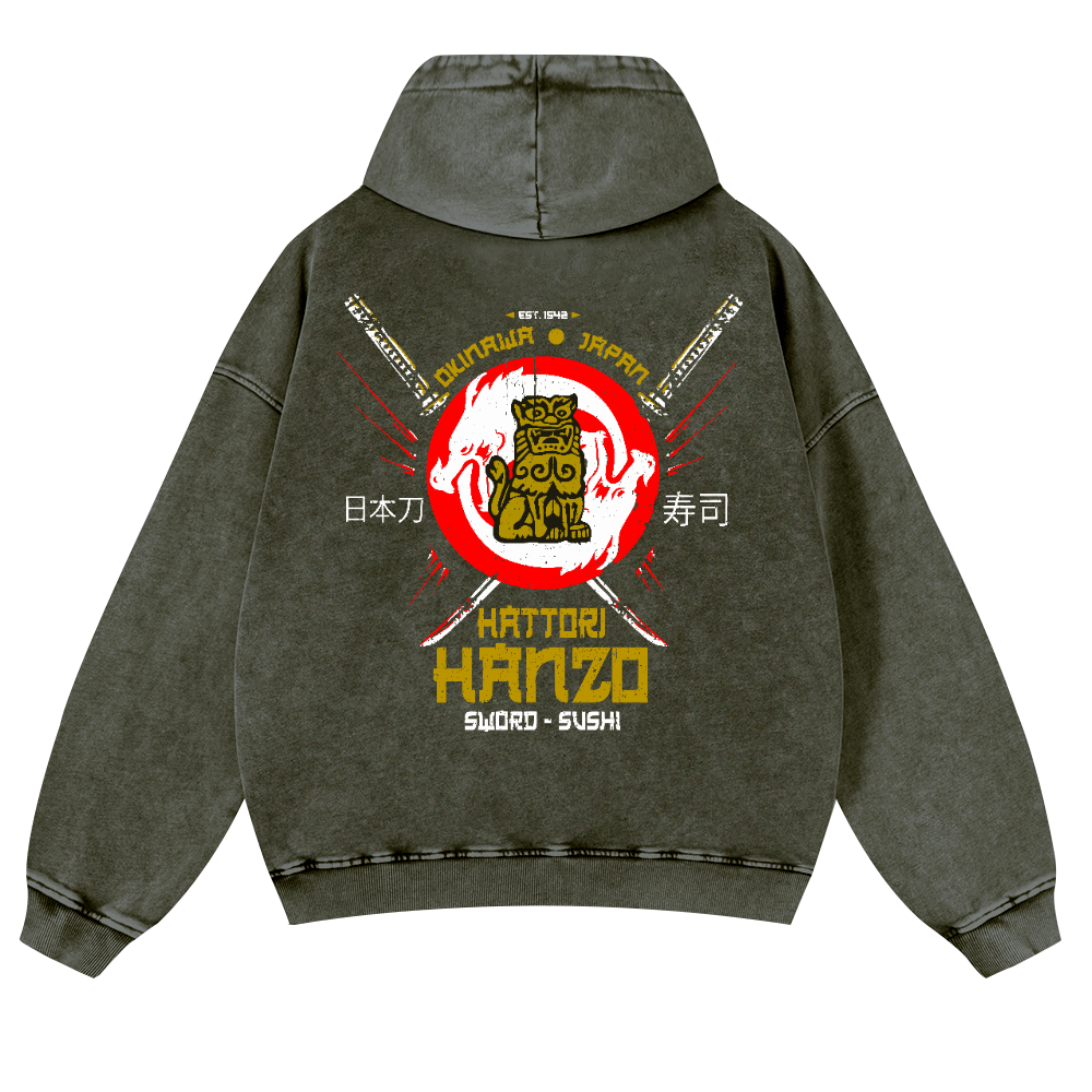Okinawa Japan Hattori Hanzo Sushi Vintage Washed Cotton Back Art Hoodie