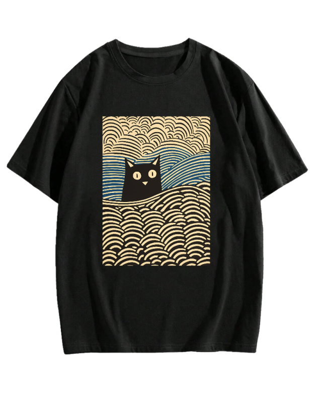Wave Japanese Cat Art Cotton casual T-shirt
